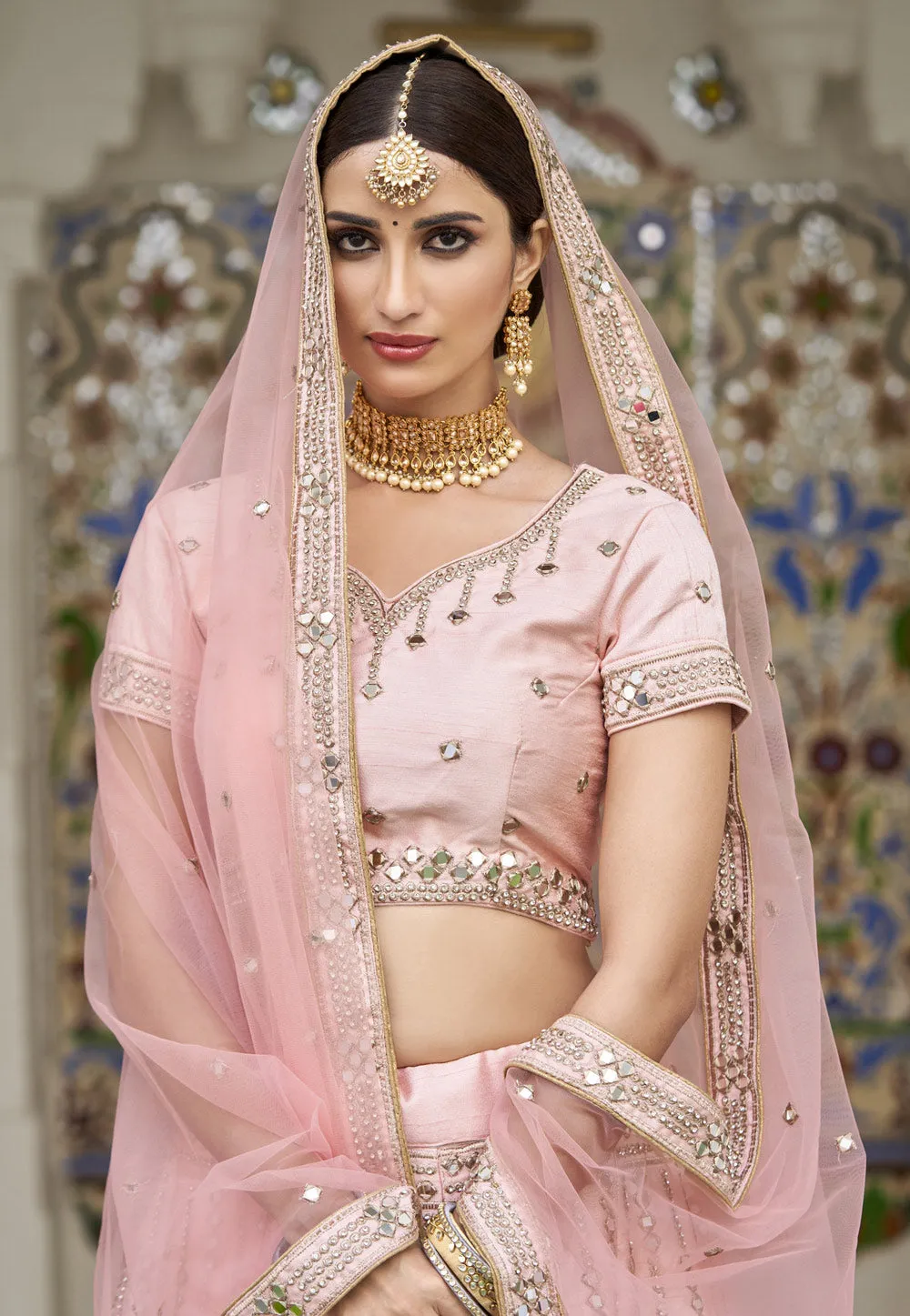 Soft Pink Mirror Work Wedding Lehenga Choli