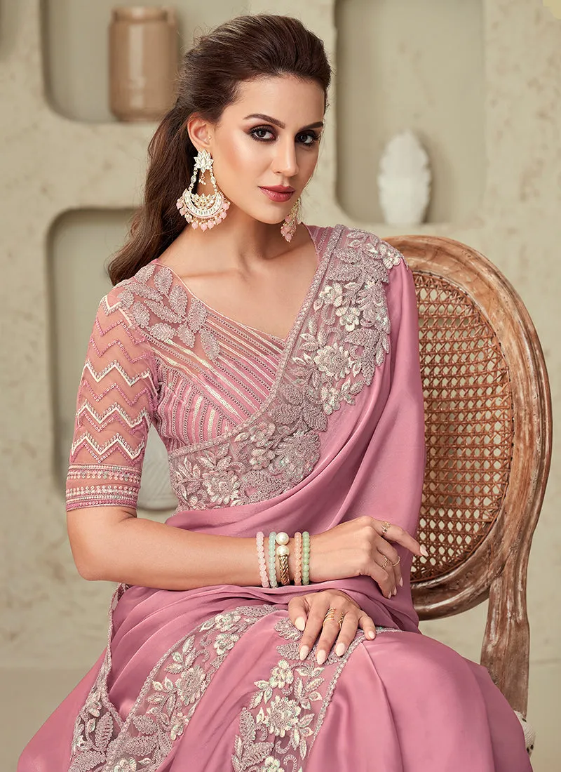 Soft Pink Sequence Embroidery Designer Silk Saree