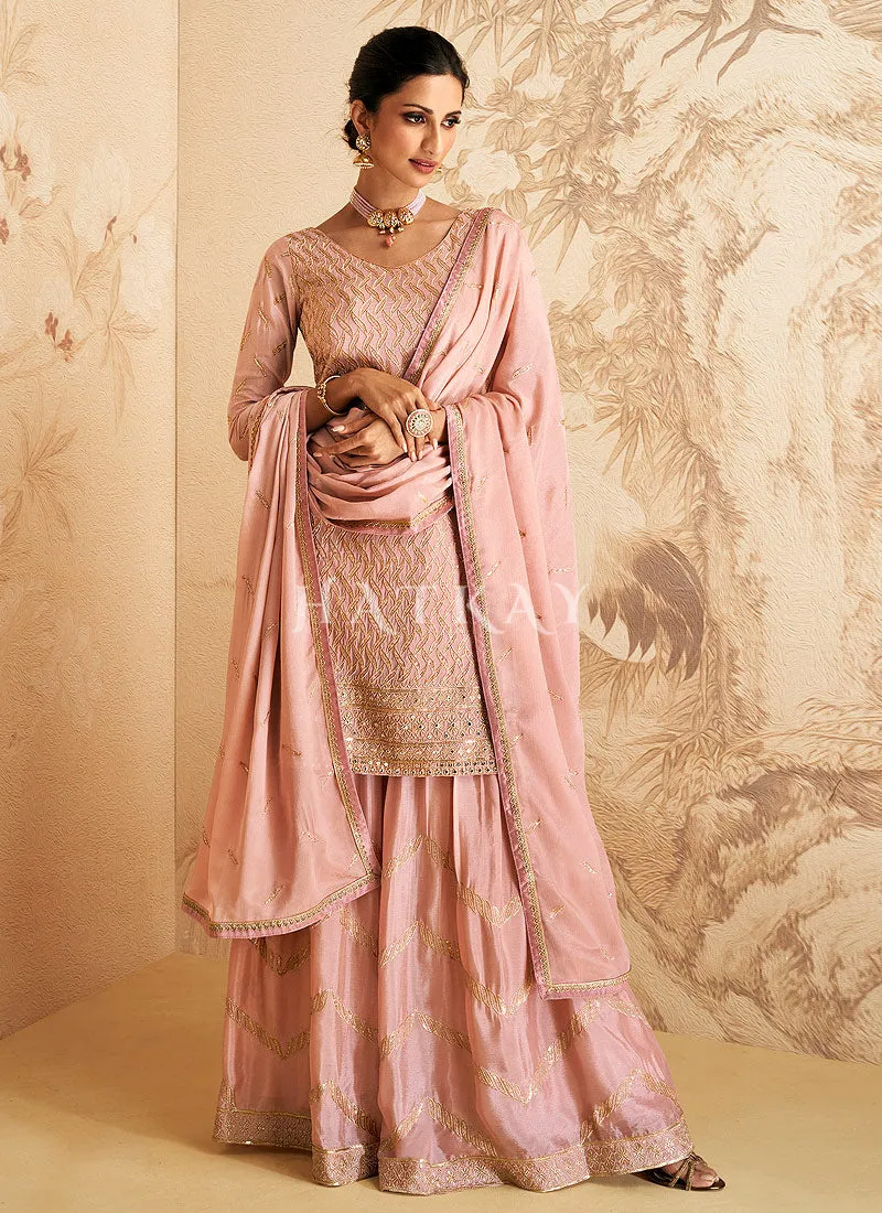 Soft Pink Zari Embroidery Palazzo Suit