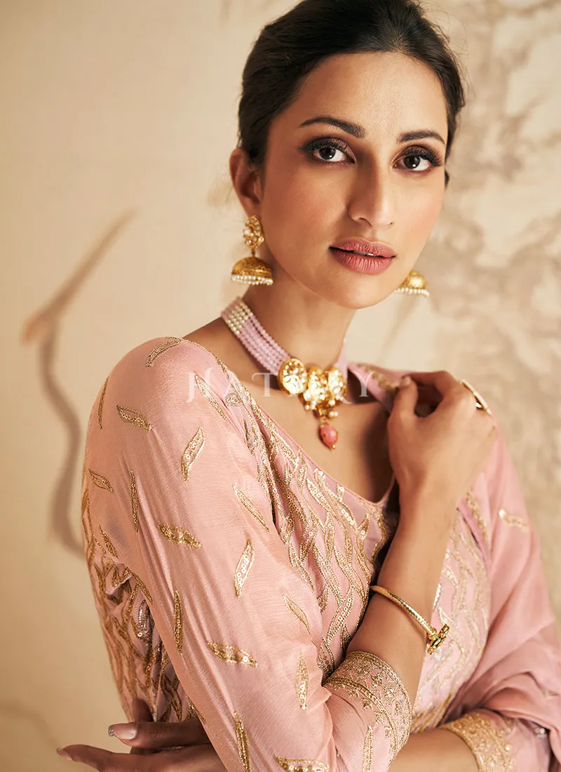 Soft Pink Zari Embroidery Palazzo Suit