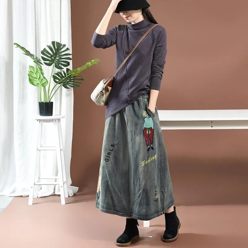 Streetstyle Cartoon Embroidered Denim Skirt