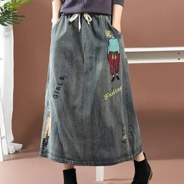 Streetstyle Cartoon Embroidered Denim Skirt