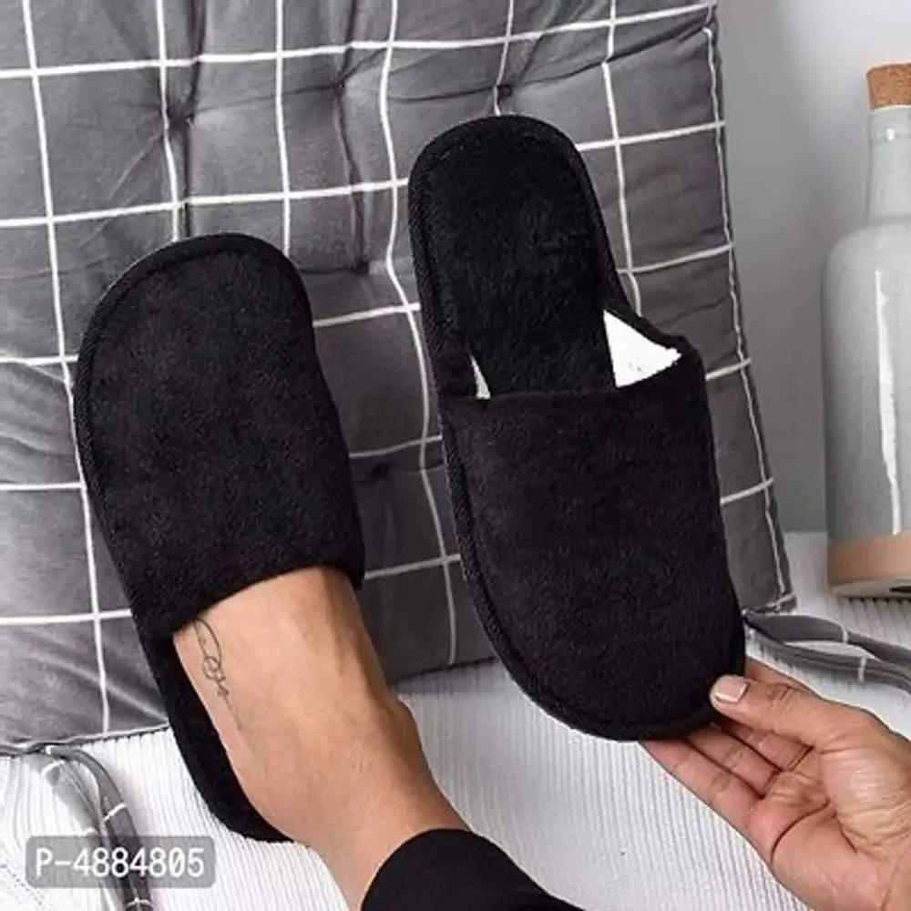 Stunning Black Fur Solid Room Slippers For Women