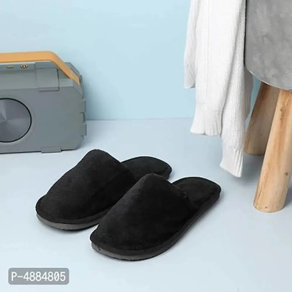 Stunning Black Fur Solid Room Slippers For Women