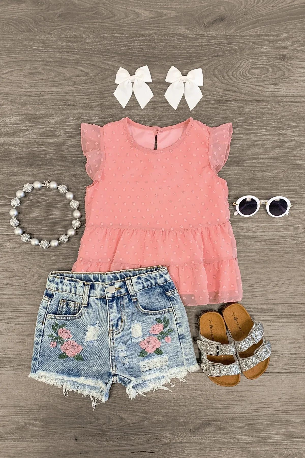 Swiss Dot Floral Denim Short Set