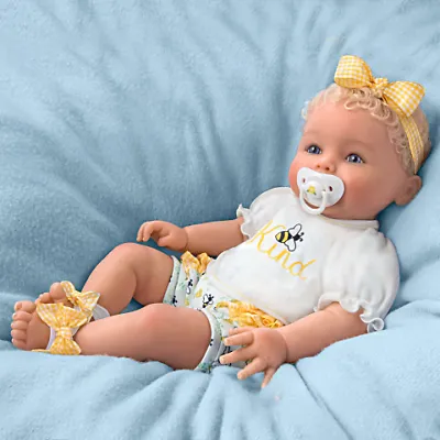 The Ashton - Drake Galleries Bee Kind Baby Girl Doll With Magnetic Pacifier Weighted Cloth Body & Hand Rooted Hair So Truly Real® Lifelike Girl Doll with RealTouch® Vinyl Skin by Ping Lau 17-inches