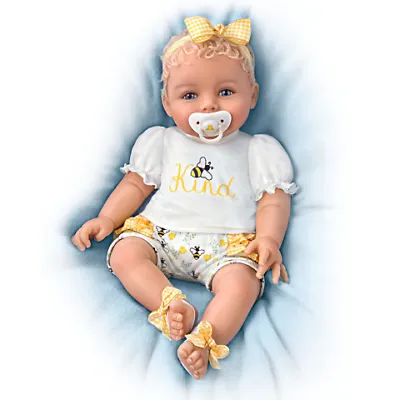 The Ashton - Drake Galleries Bee Kind Baby Girl Doll With Magnetic Pacifier Weighted Cloth Body & Hand Rooted Hair So Truly Real® Lifelike Girl Doll with RealTouch® Vinyl Skin by Ping Lau 17-inches