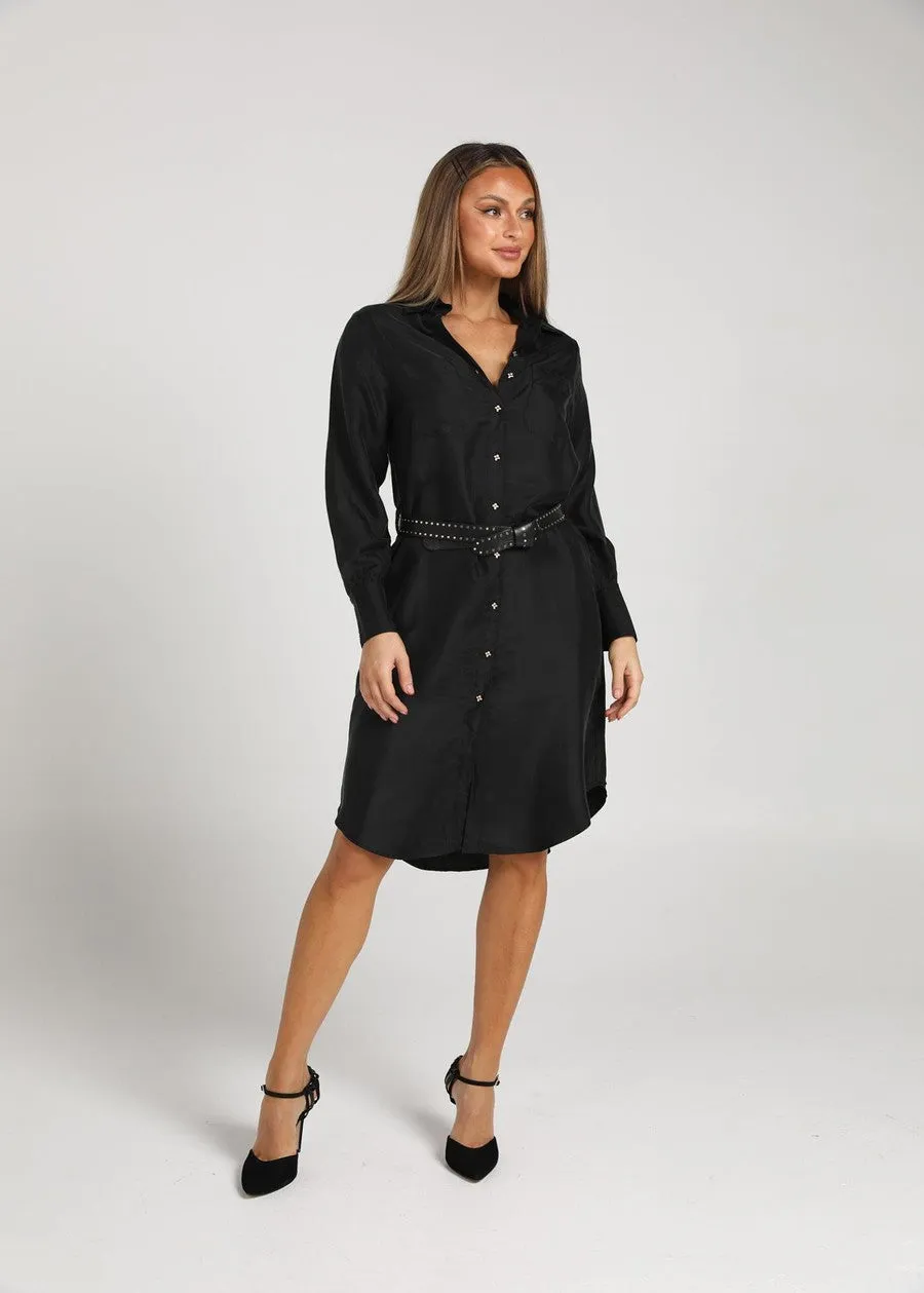 The Silk Long-sleeve Shirt Dress - Black