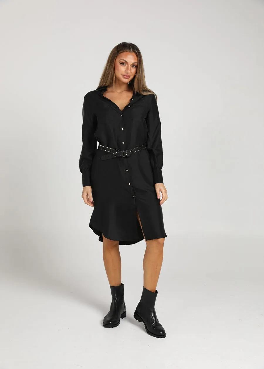 The Silk Long-sleeve Shirt Dress - Black