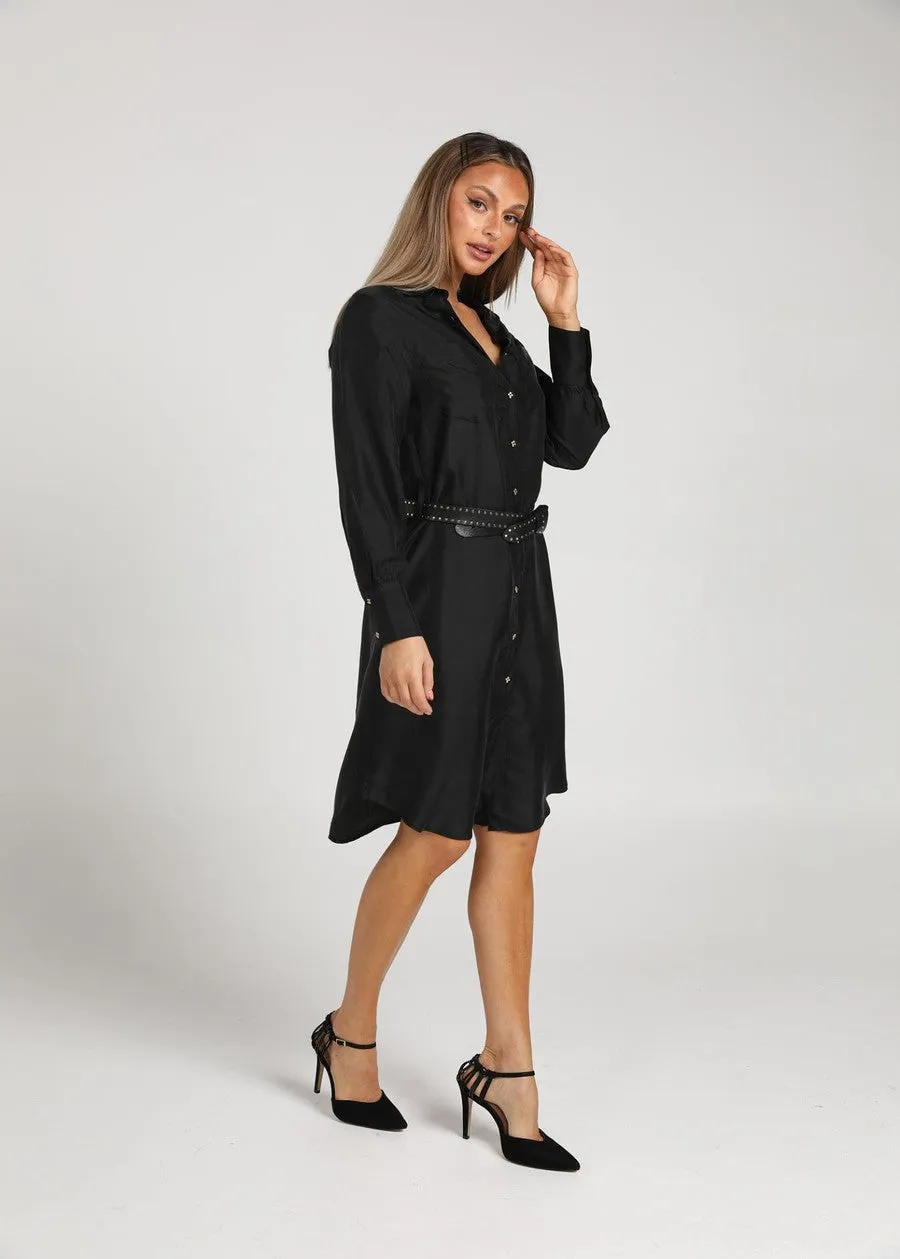 The Silk Long-sleeve Shirt Dress - Black