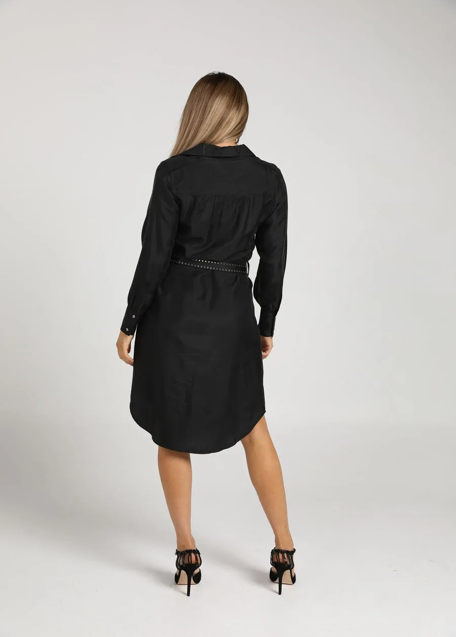 The Silk Long-sleeve Shirt Dress - Black