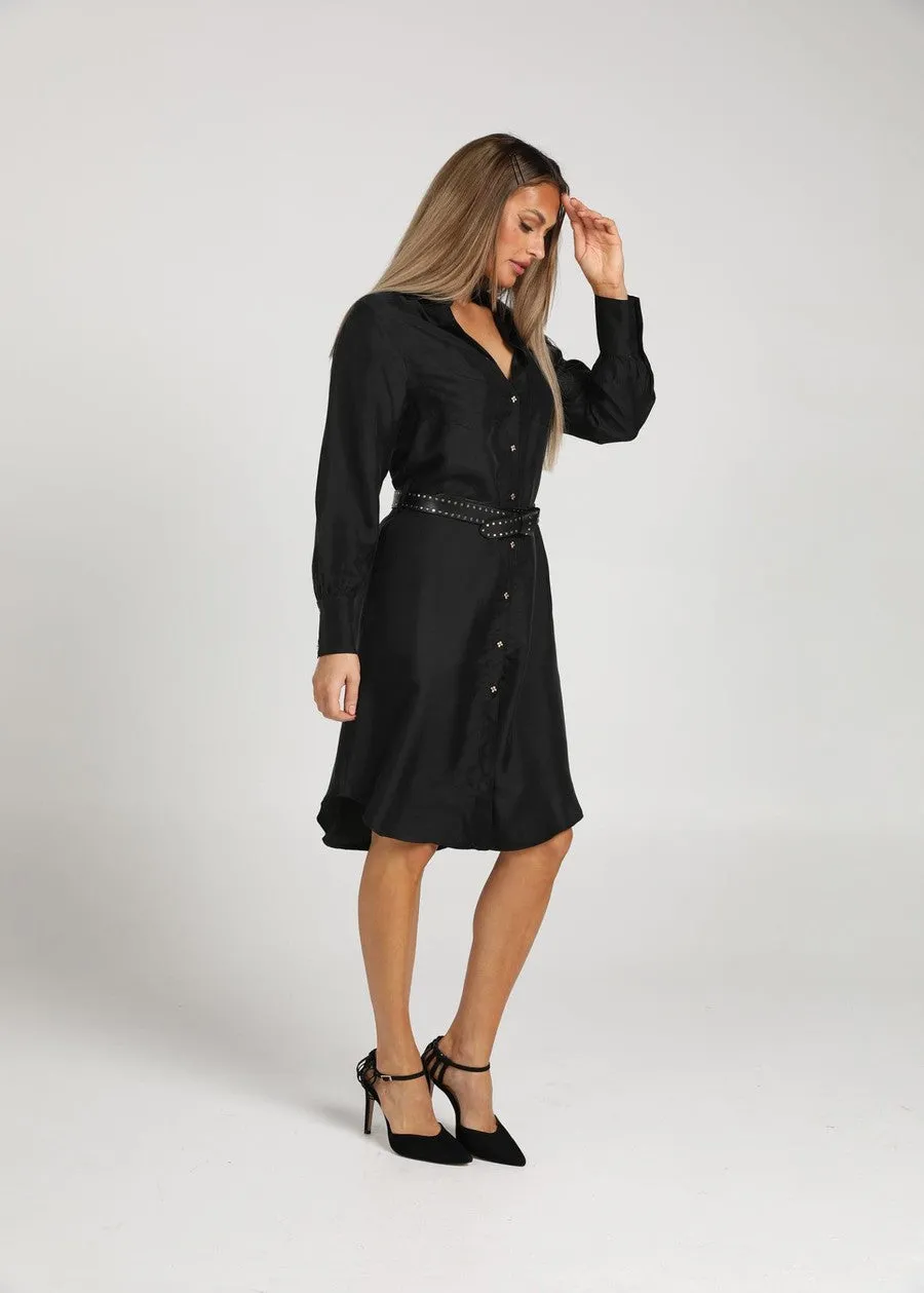 The Silk Long-sleeve Shirt Dress - Black