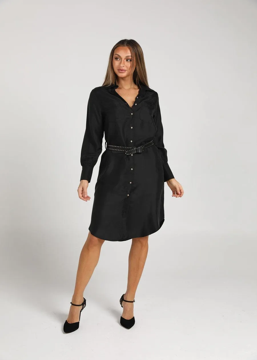 The Silk Long-sleeve Shirt Dress - Black