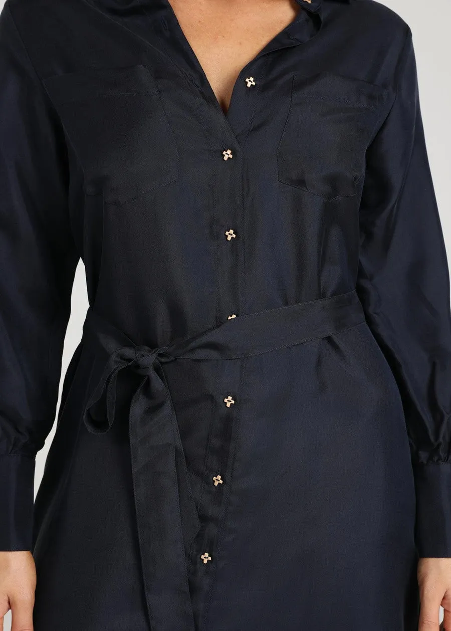 The Silk Long-sleeve Shirt Dress - Ink