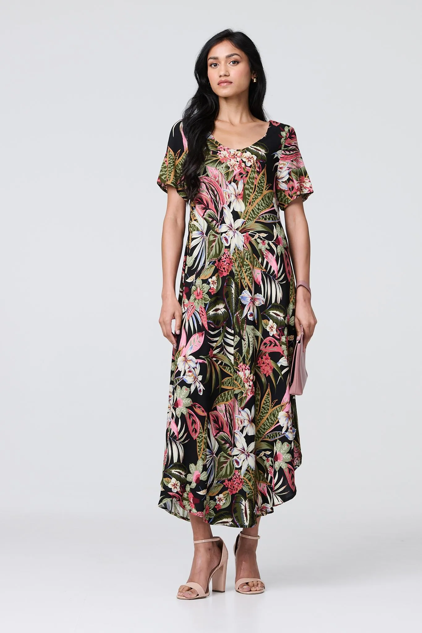 Tropical Print 1/2 Sleeve Maxi Dress