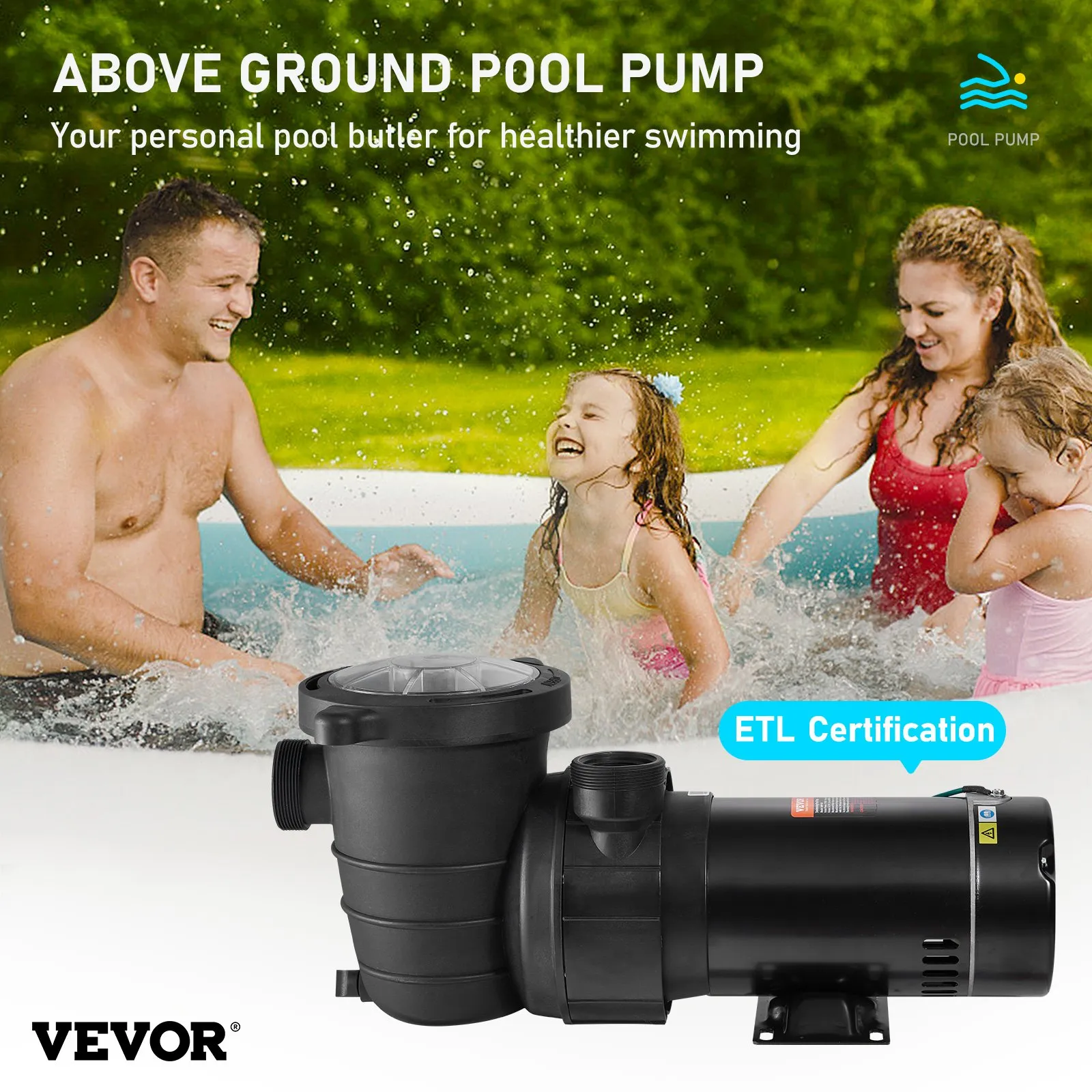 VEVOR Swimming Pool Pump 2.0HP 115V 1500W, Single Speed Pumps for Above Ground Pool, Powerful Self Primming Pool Pumps w/ Strainer Basket, 5400 GPH Max. Flow, ETL Certification