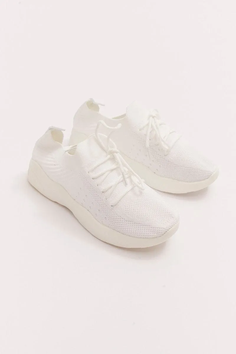 White Knit Detail Lace Up Trainers Sneakers