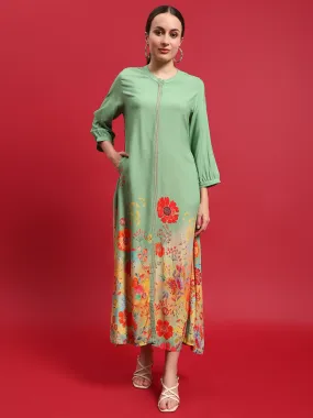 Women Liva (Rayon) Green Floral Print Dress