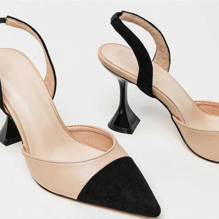 Women's Beige And Black Designed High Heel