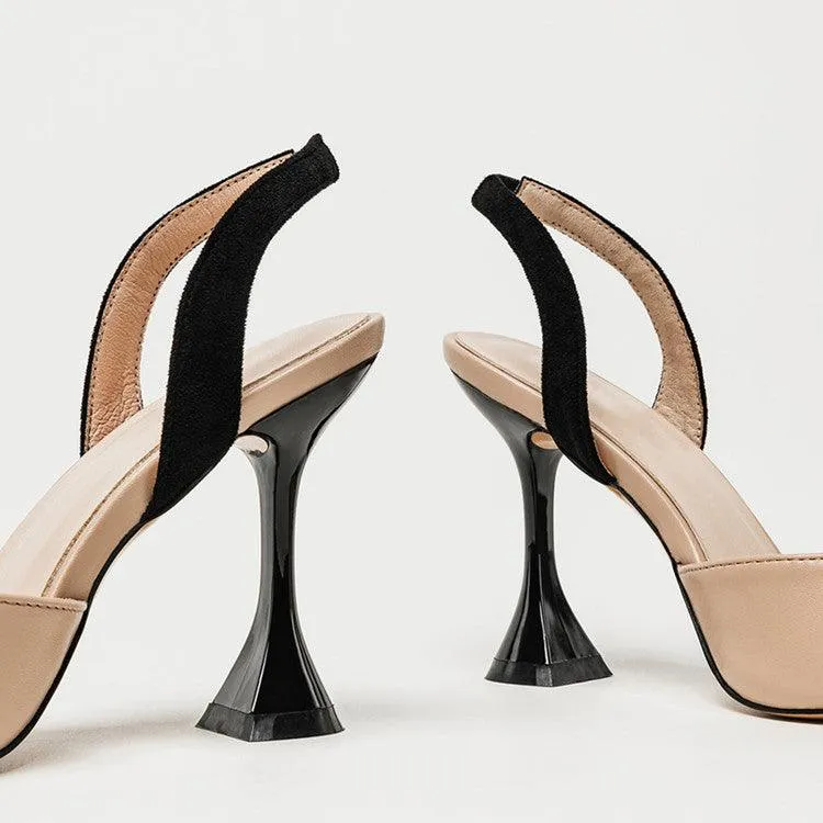 Women's Beige And Black Designed High Heel