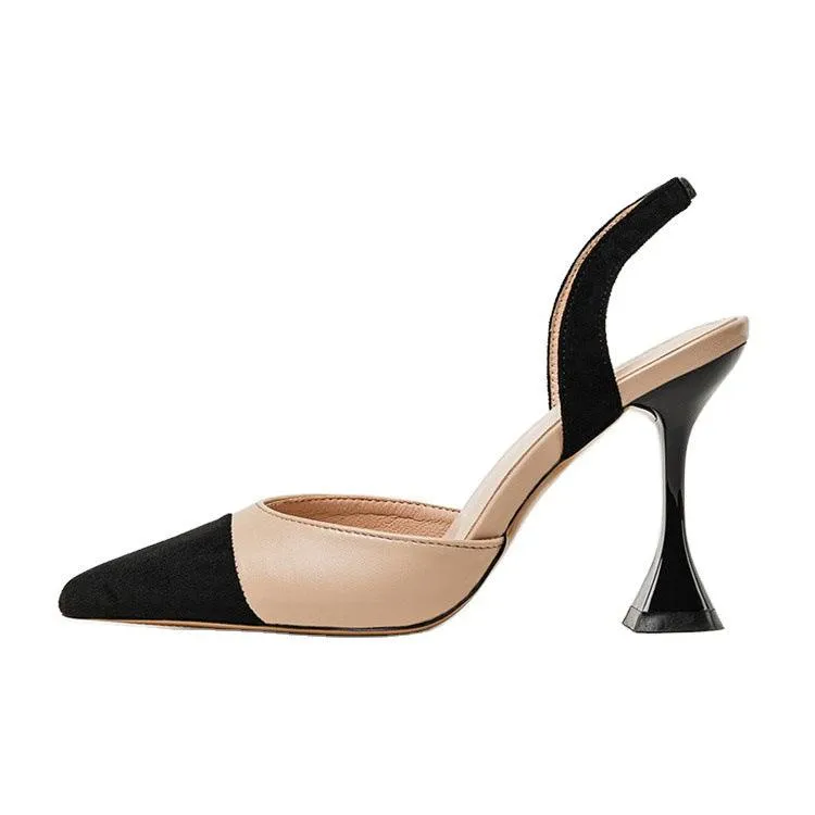 Women's Beige And Black Designed High Heel