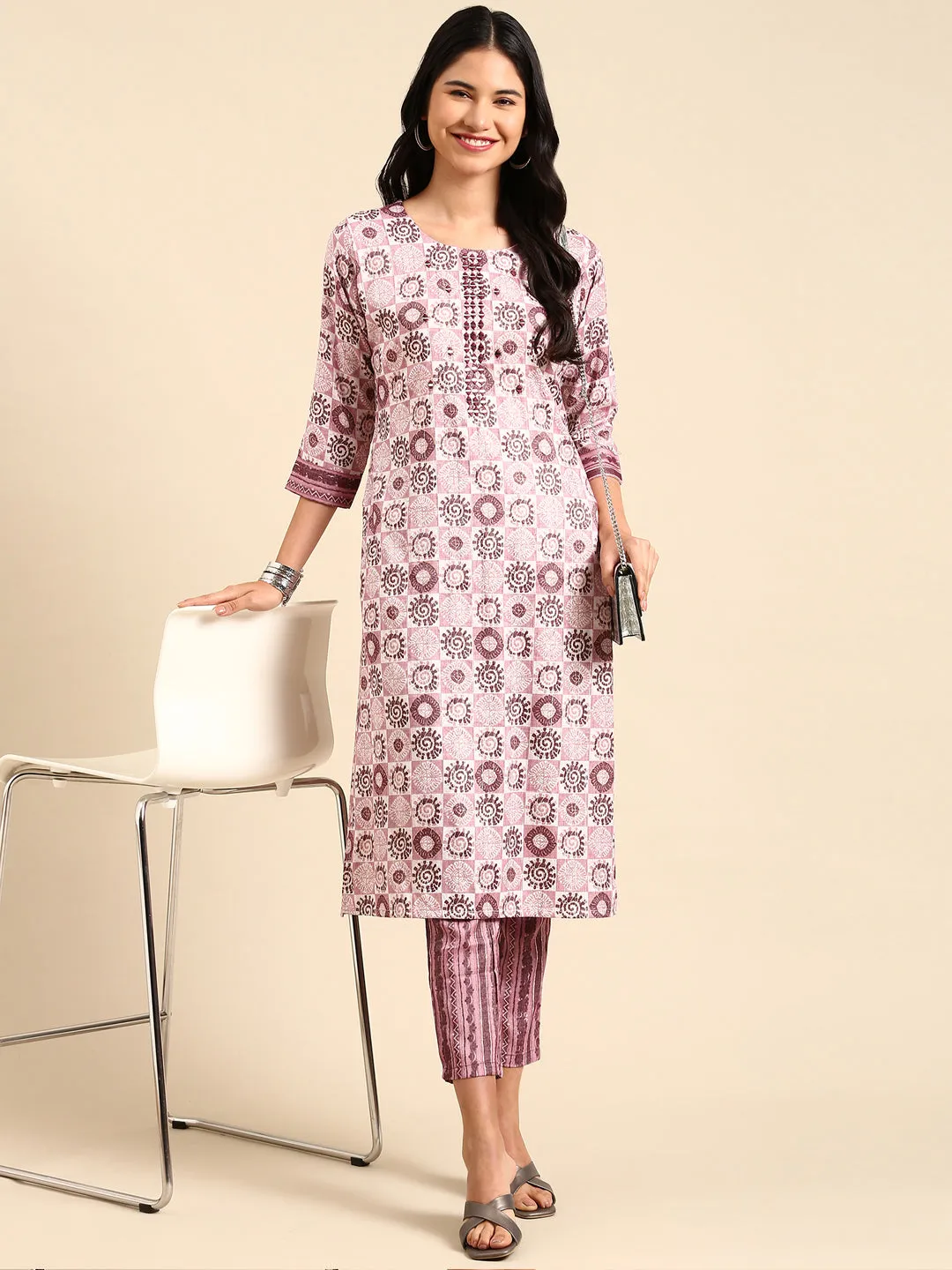 Women's Mauve Printed Kurta Set