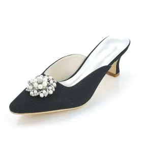 Women's Satin Chunky Heel Pumps With Imitation Pearl Wedding Shoes Bridal Shoes