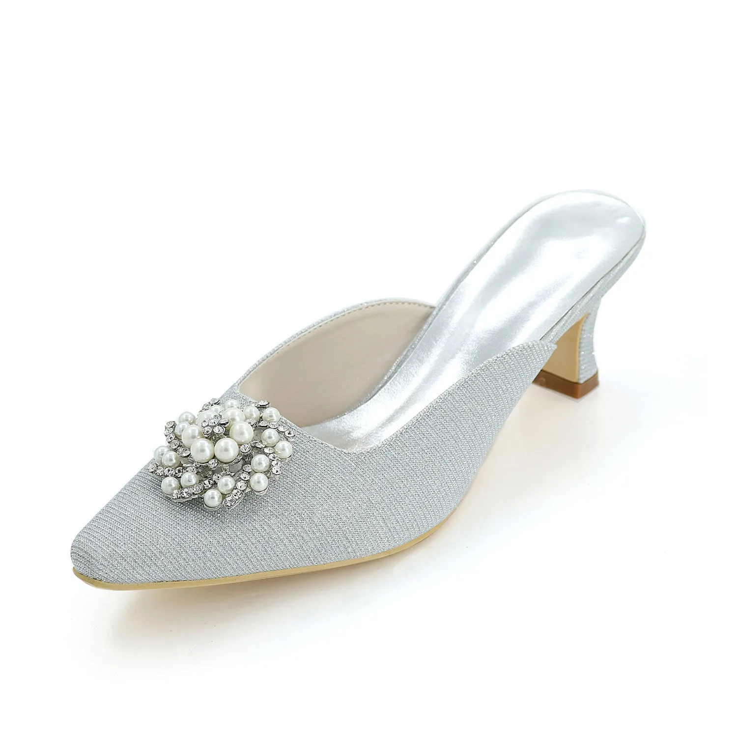 Women's Satin Chunky Heel Pumps With Imitation Pearl Wedding Shoes Bridal Shoes